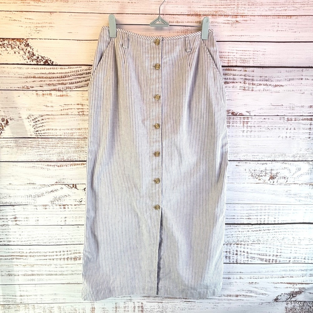 Vintage Long Pencil Skirt Skirt 10 Blue White Stripe Linen/Cotton Structured - Picture 3 of 9